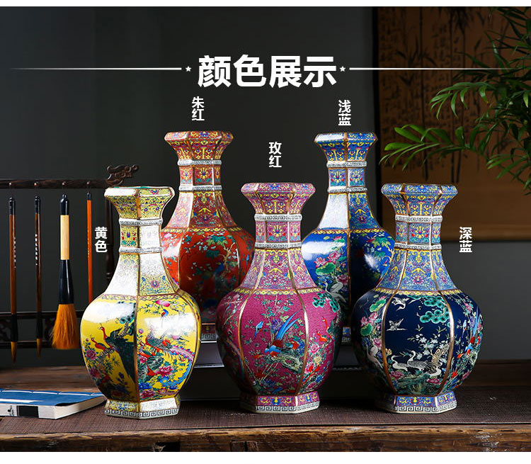 Jingdezhen ceramic colored enamel vase six sides antique Chinese flower arranging rich ancient frame home decoration furnishing articles sitting room