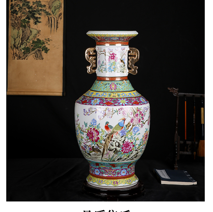 Jingdezhen ceramic antique king ears porcelain paint painting of flowers and lotus double large vases, sitting room adornment is placed