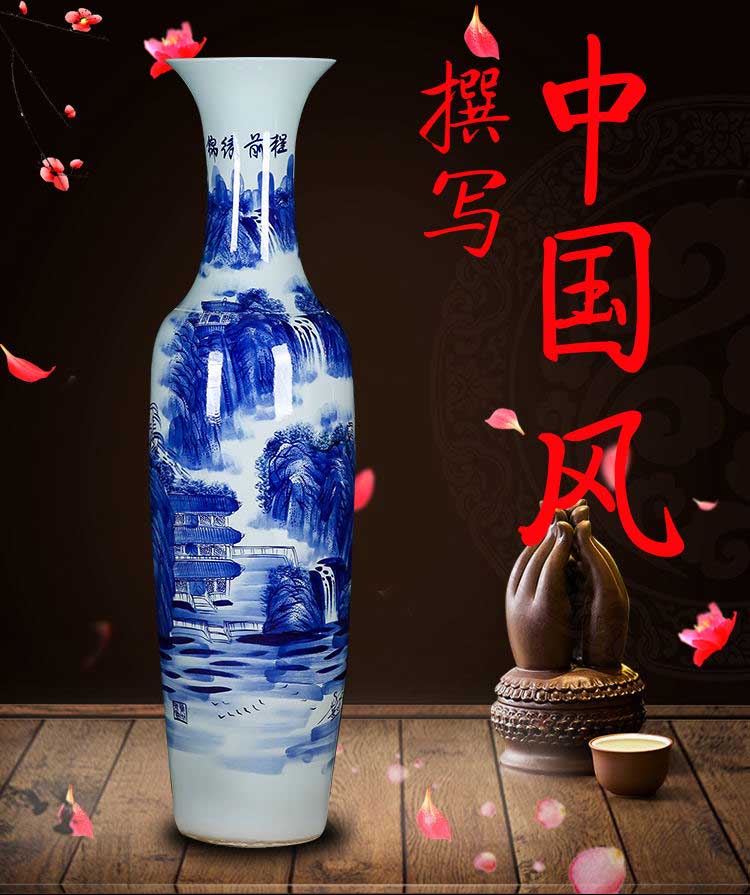 Thousands of flame jingdezhen ceramics of large hand blue and white porcelain vase landscape bright future for the opening place hotel