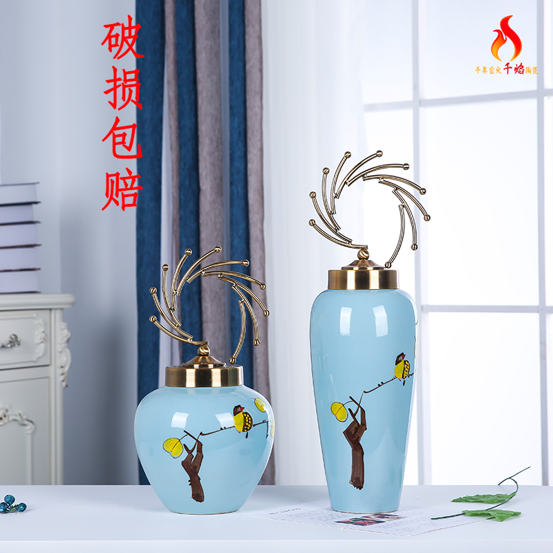 Jingdezhen ceramics vase desktop sitting room, the study of modern Chinese style is contracted fashion three - piece furnishing articles and flowers and birds