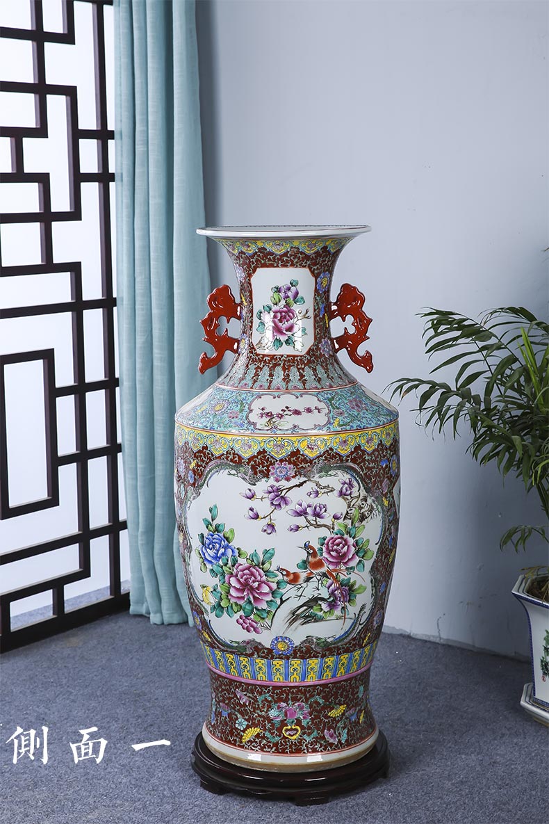 Jingdezhen ceramics landing a large vase ears archaize pastel hand - made peony golden pheasant living room hotel furnishing articles