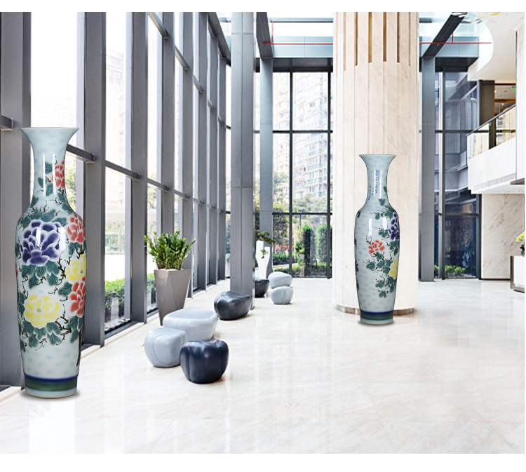 Thousands of flame jingdezhen ceramics of large vase hand carved the riches and honor peony flowers home furnishing articles in the living room