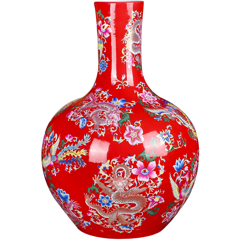 Jingdezhen ceramics vase landing red phoenix grain idea gourd tree modern Chinese sitting room place flower arrangement