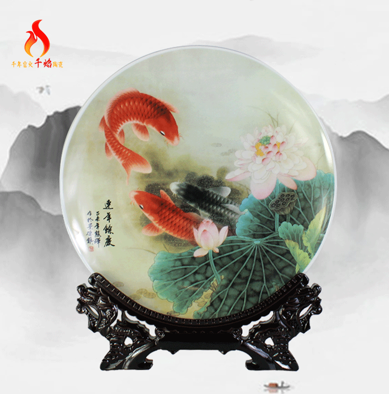 Child Chinese Jingdezhen ceramics hanging plate sitting room place peony fish rich ancient frame decoration craftsman household