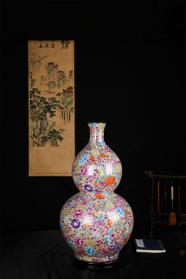 Jingdezhen ceramic antique qianlong pastel flower vases, Chinese style living room decorations rich ancient frame furnishing articles gourd bottle