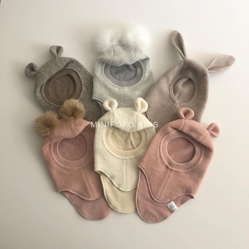 20 winter new Danish baby hat ins cute animal shape wool warm neck cap fur ball cap