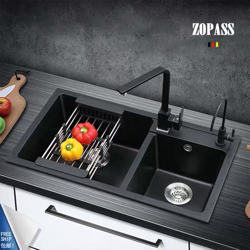Imeina Black Department Kitchen Quartz Stone Double Sink Wash Vegetable Basin Drain Basket Hot and cold water tap Lower shelve sink