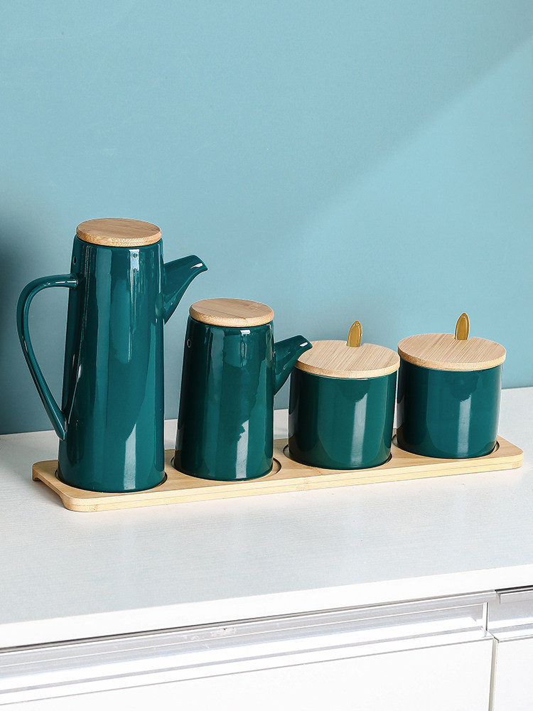 Kitchen household salt tank three-piece ceramic seasoning tank set Combination Nordic emerald seasoning tank seasoning box