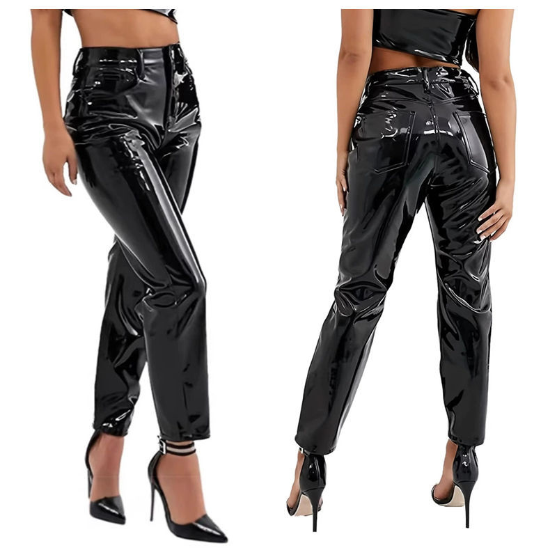 Pu Leather Pants for Women, Shiny, with Pockets, Stretchy, Tight-Fitting, Leather-Like, Nightclub, Street Style, Cropped Casual Pants, Plus Size, Butt-Lifting Long Pants