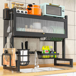 Kitchen Sink Rack Countertop Dishes Sink Cupboard Multi-Functional Dustproof with Cabinet Door Dish Storage Drain Rack