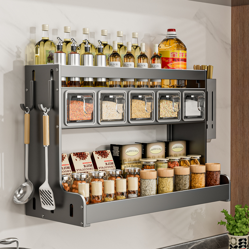 Kitchen Spice Rack, No-Drill Wall-Mounted, Multi-Functional Seasoning Combination Set, Spice Box Jar, Kitchen Household Use