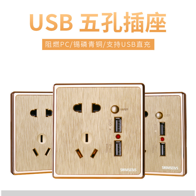 USB with five-hole switch socket Household dual-port USB champagne gold 2 1A5V mobile phone charger USB