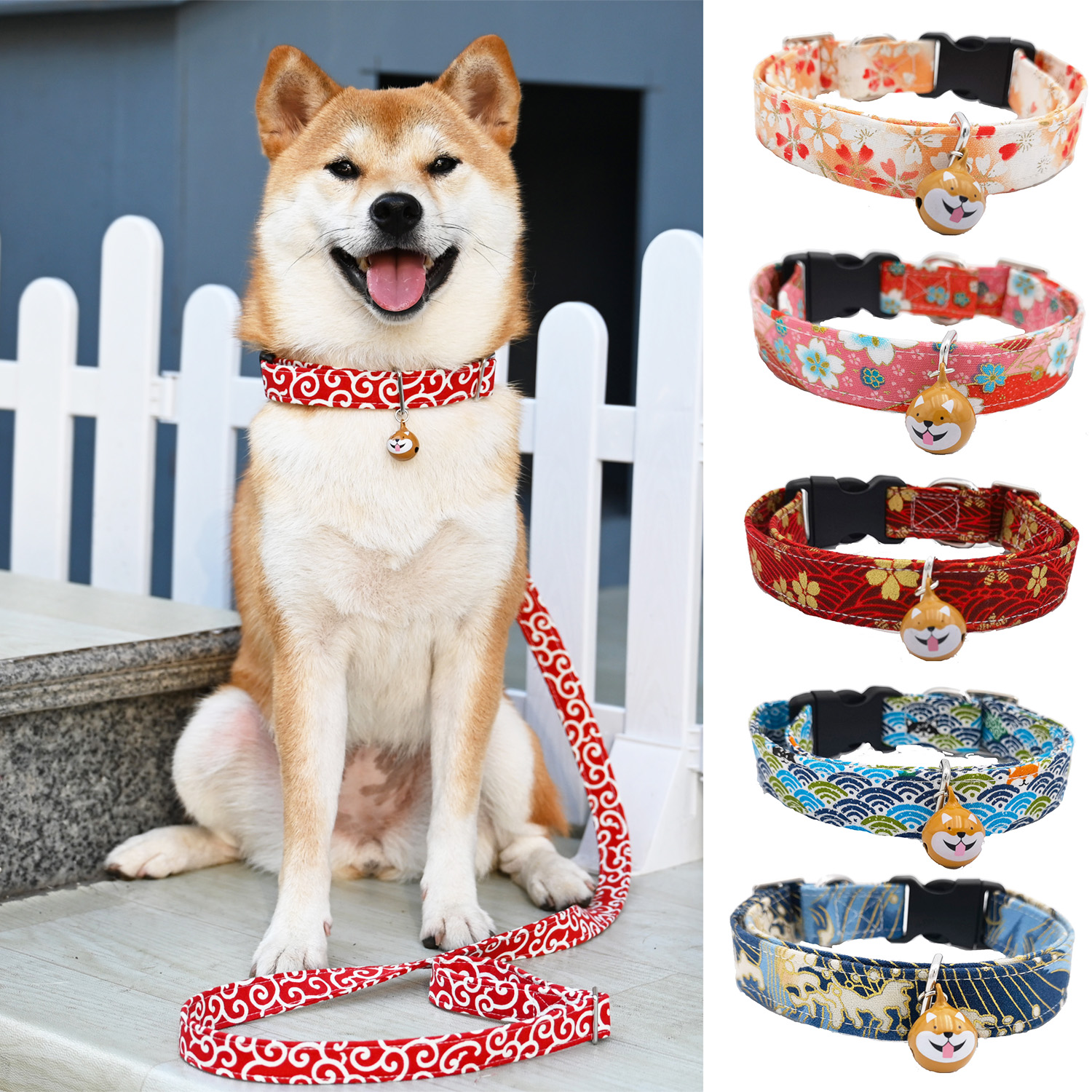 (Rui Chaijia Collar Two-Piece Set of Traction Rope) Japanese-style Tang Grass Pattern Pet Corgi Shiba Inu Collar Dog Leash