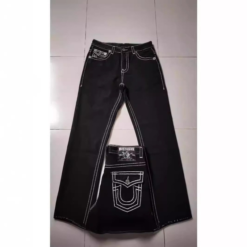 Cross-Border E-Commerce American High Street Fashion Brand Jeans White Thick Line Buddha Religion Straight-Leg Jeans for Men