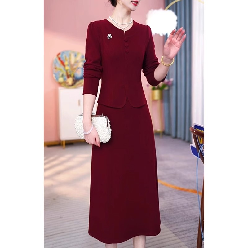 High-End Lady's Long-Sleeved Dress for Women 2025 Spring and Autumn New Style with Coat, Suitable for Mother-In-Law's Wedding Banquet Dress High-End Lady's Long-Sleeved Dress for Women 2025 Spring and Autumn New Style with Coat, Suitable for Mother-In-Law's Wedding Banquet Dress