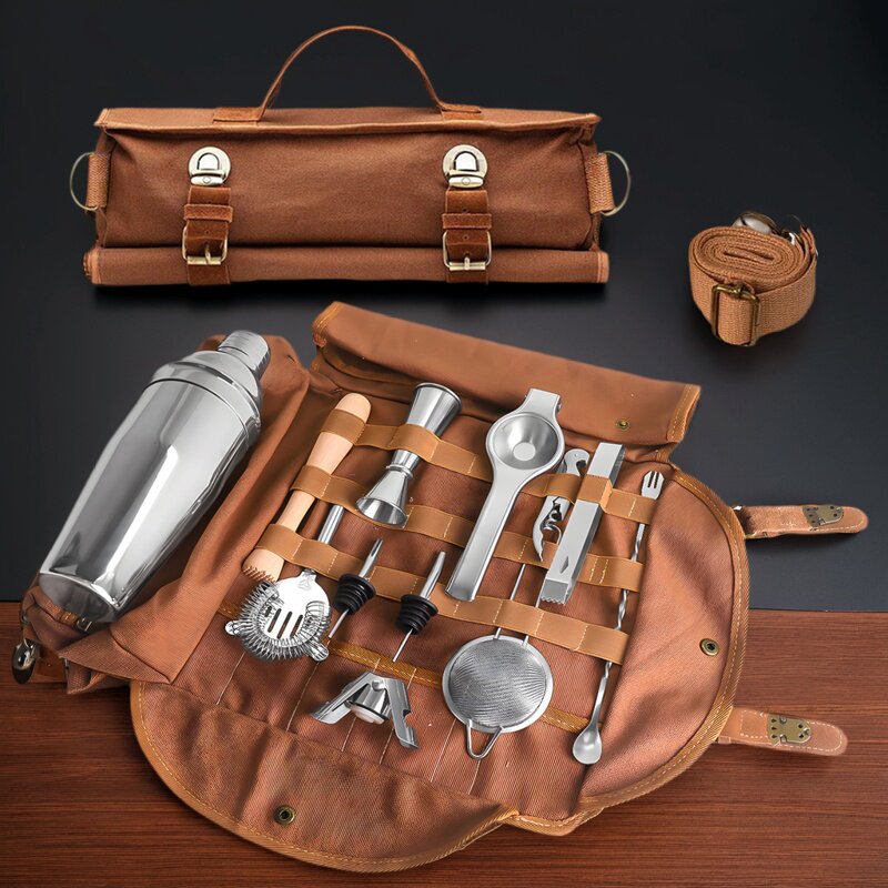 バーテンダー向けのキャンバス製アウトドア用ポータブルカクテルメーカー収納バッグ。カクテルミキサーキット。