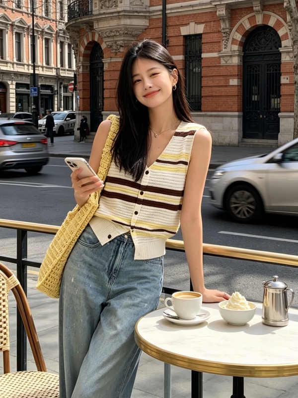 In Stock 2026 Summer New Color-Block Striped V-Neck Sleeveless Slim-Fit Knit Cardigan
