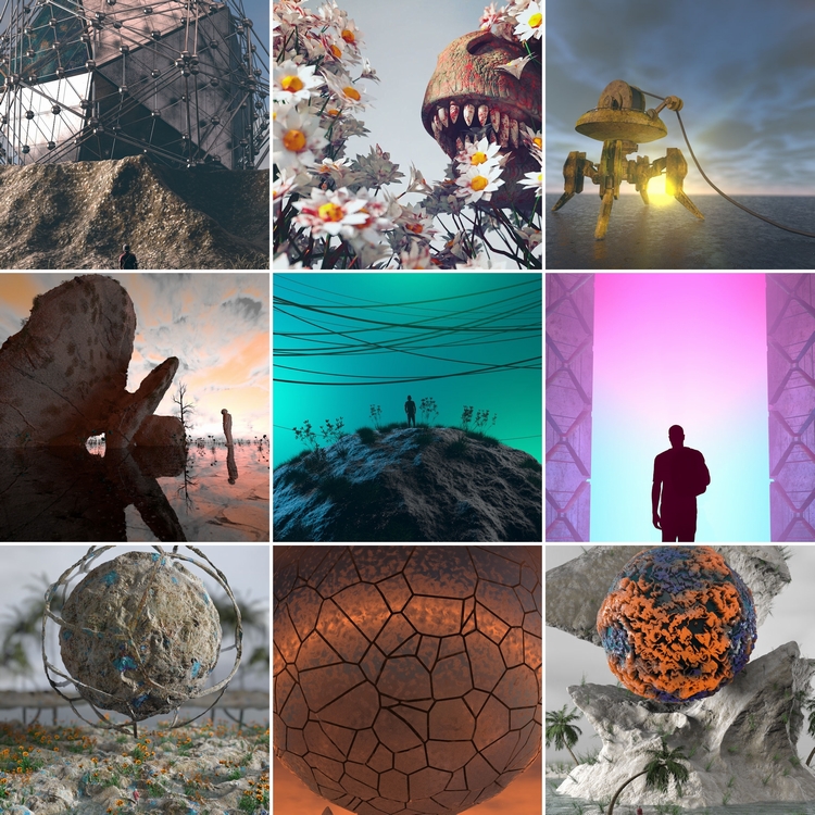 C4D创意场景巫师花卉山洞科幻几何宇航员建筑夜晚外星球模型素材-cg男孩