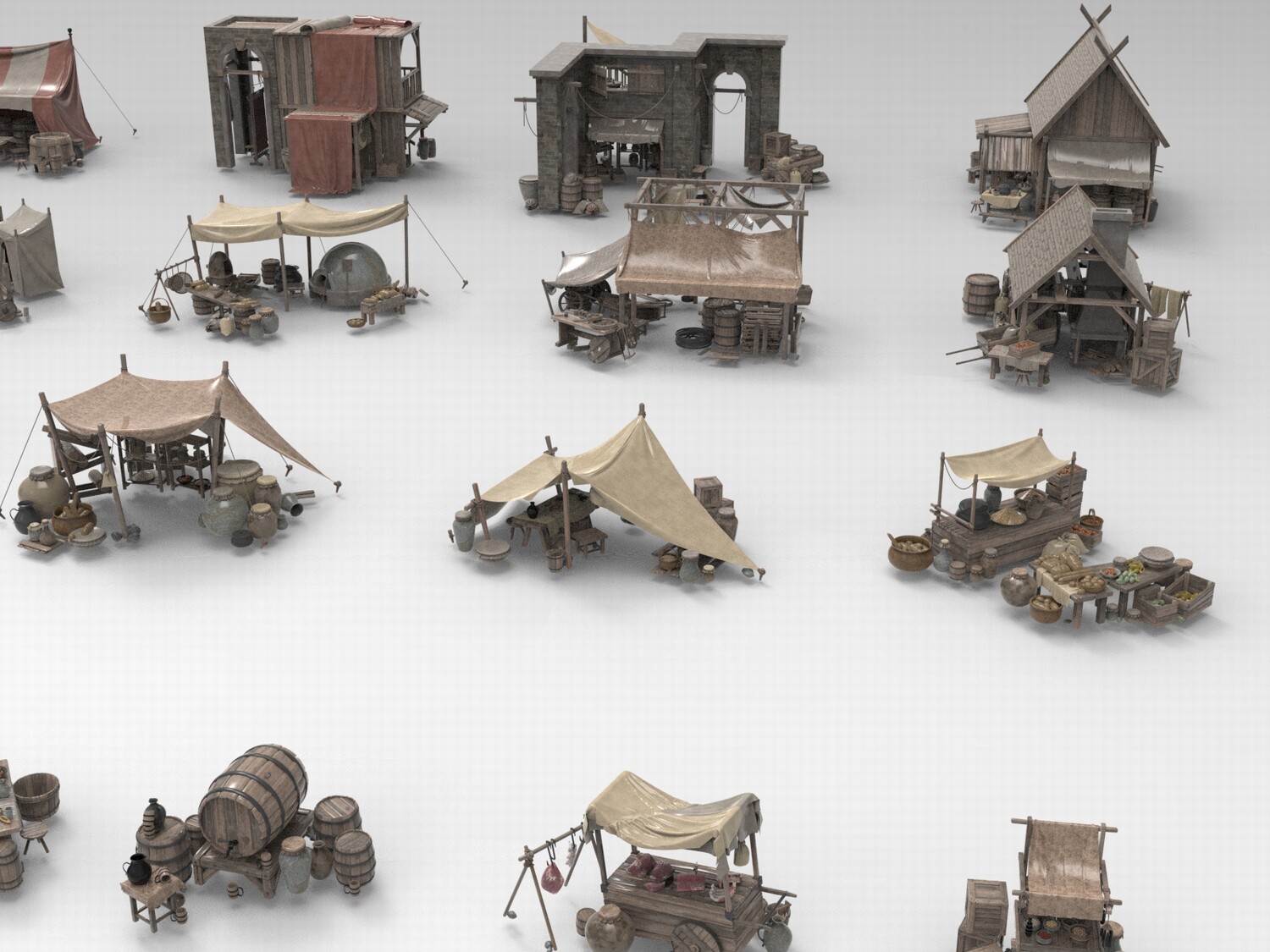 图片[5]-C4D中世纪风格市集FBX帐篷OBJ简易木屋Blender摊位木桶推车3D素材-cg男孩