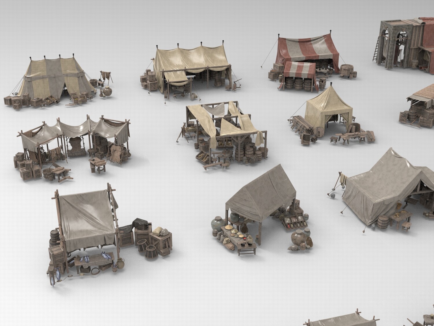 图片[4]-C4D中世纪风格市集FBX帐篷OBJ简易木屋Blender摊位木桶推车3D素材-cg男孩