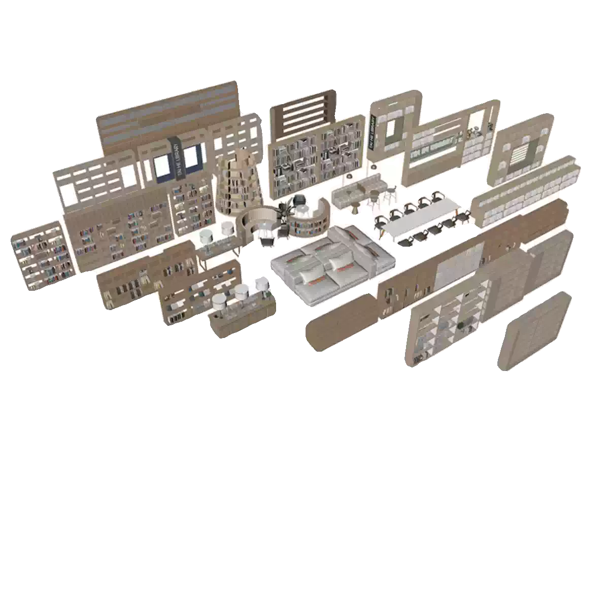 C4D FBX STL OBJ SU图书架书籍书本书柜展示架沙发休息区三维模型-cg男孩