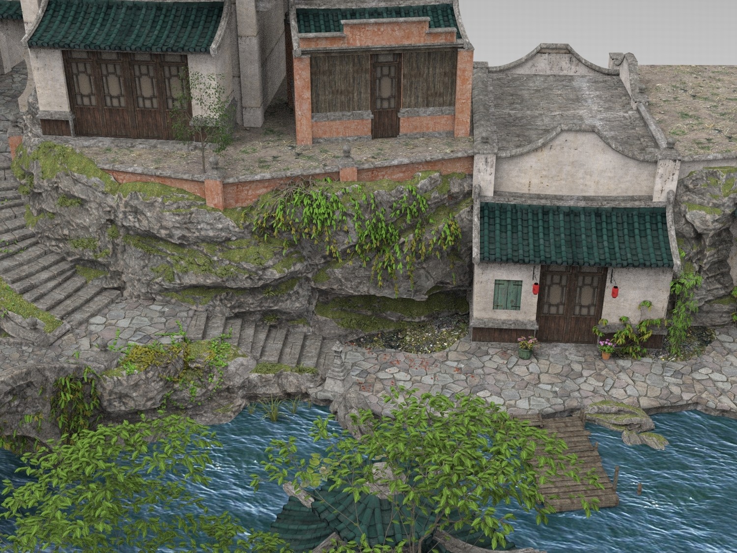 图片[3]-C4D传统民居群落FBX青瓦白墙OBJ石板路Blender石桥Maya场景3D素材-cg男孩