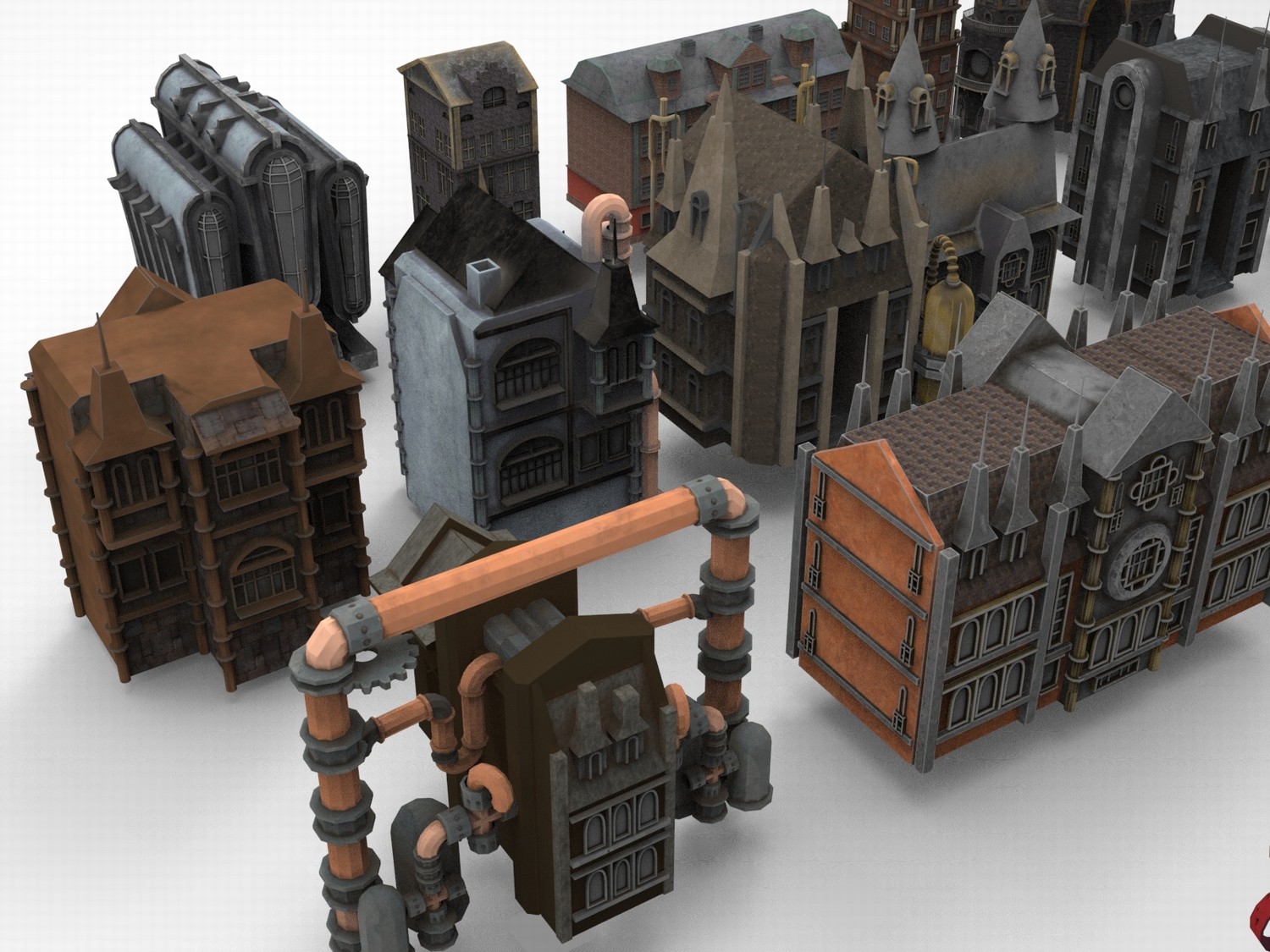 图片[5]-C4D奇幻蒸汽朋克建筑FBX尖顶房屋OBJ游戏动画场景MAYA素材Blender-cg男孩