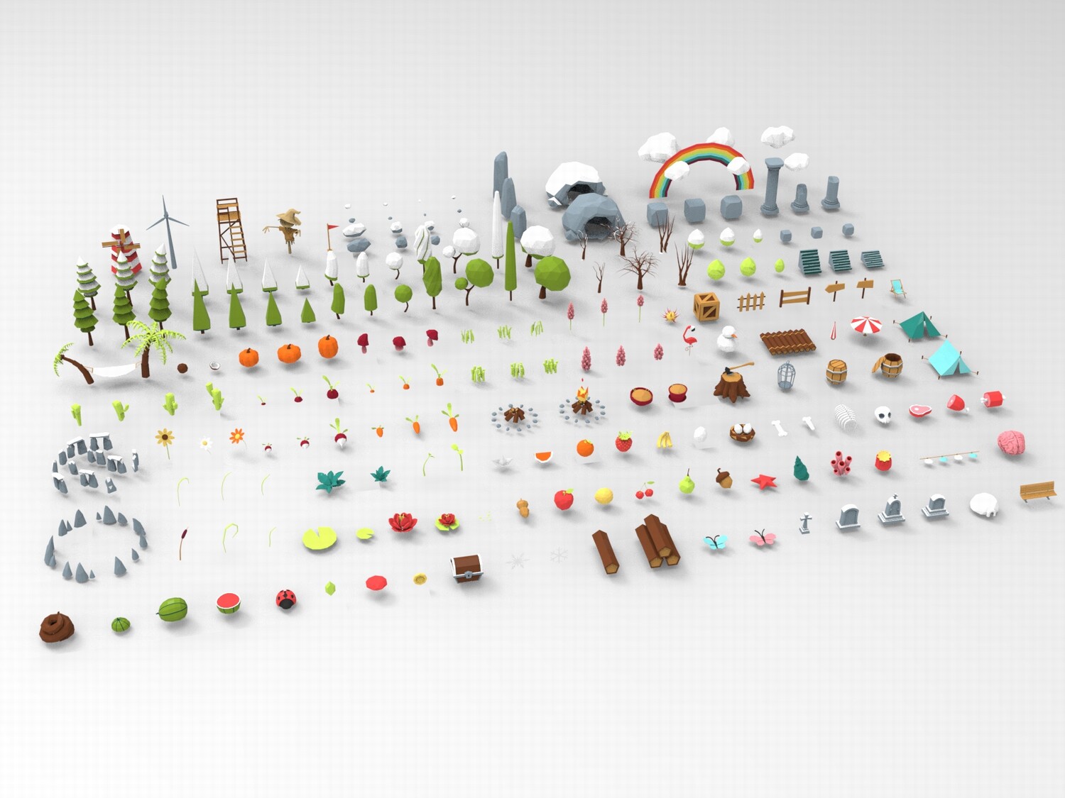 C4D低面卡通树木花草FBX山石水果STL蔬菜昆虫OBJ帐篷风车长椅素材-cg男孩