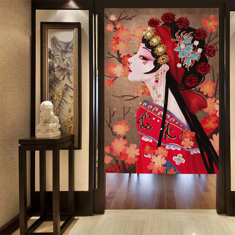 Chinese style national tide drama wind curtain living room bedroom hanging curtain free punching semi-curtain porch curtain summer new style