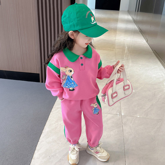 Girls spring fashionable sweatshirt set 2024 new children's cartoon clothes baby internet celebrity doll collar two-piece set