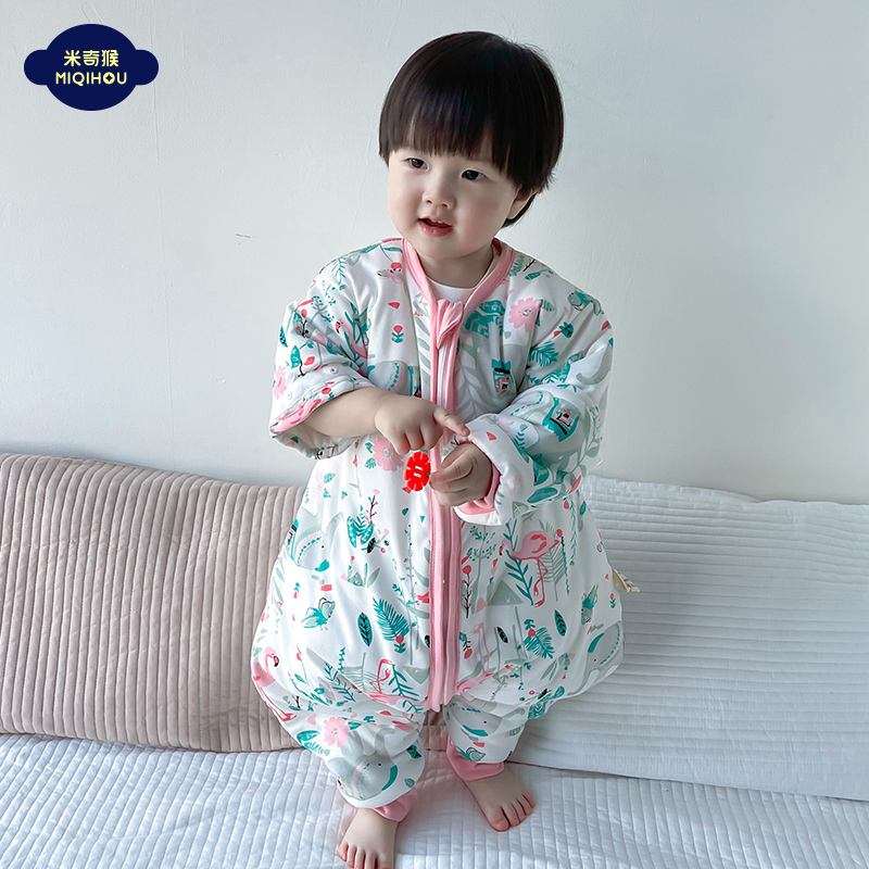 Mickey monkey children's anti-kick quilt baby autumn and winter thick quilted sleeping bag men's and women's one-piece pajamas to remove the sleeves to urinate