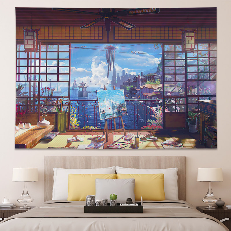 Warm cottage Japanese background cloth ins hanging cloth bedside background wall bedroom decoration illustration tapestry wall occlusion