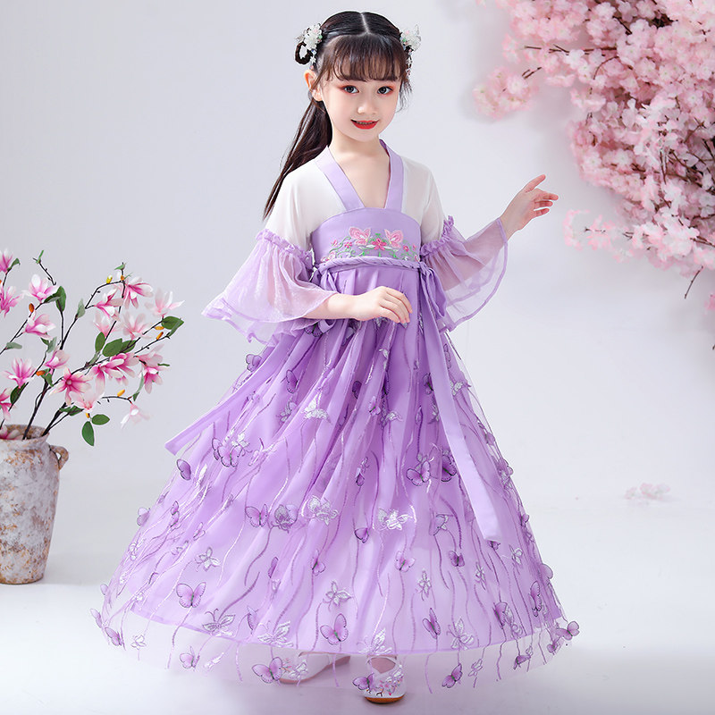 Girls Hanfu summer clothing children's dress 2021 new spring and autumn Chinese style ancient costume super fairy purple skirt girl