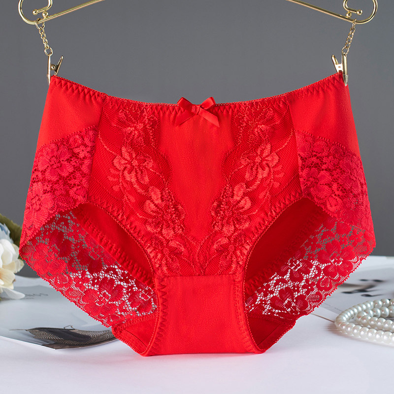 Pure Cotton Lady Briefs of the Year Antimicrobial crotch High waist No Mark Lace Big Size Red Wedding Triangle Shorts