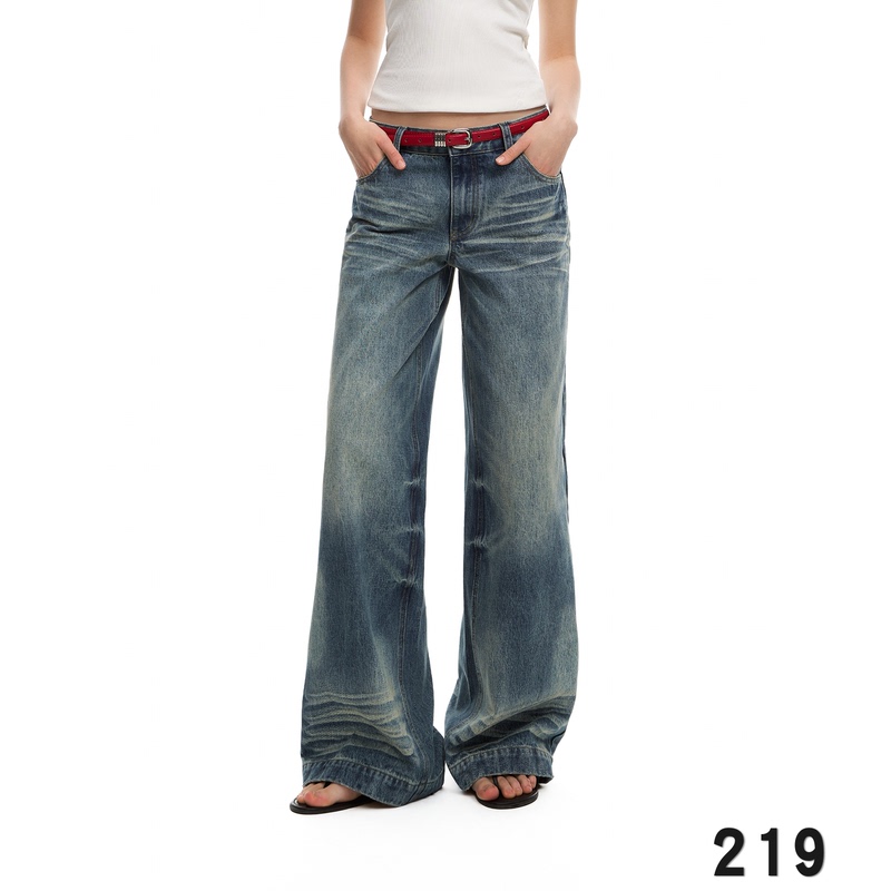 Nicebad Washed Whiskered Raw Denim Straight-Leg Jeans Trendy Versatile Casual Bottoms for Men and Women Spring and Autumn