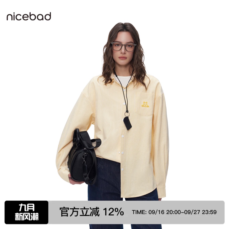 Nicebad Toothbrush Embroidered Puppy Striped Shirt Retro Casual Loose Versatile Unisex