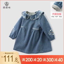 Lap ring Sugar child clothing Girls plus velvety dress Autumn winter clothing Childrens baby denim Thickened Ocean Gas Skirt