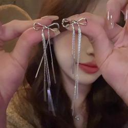 Silver Bow Tassel Earlines for Women 2024 New Hot Style Light Luxury High-End Style Cold Style Earrings