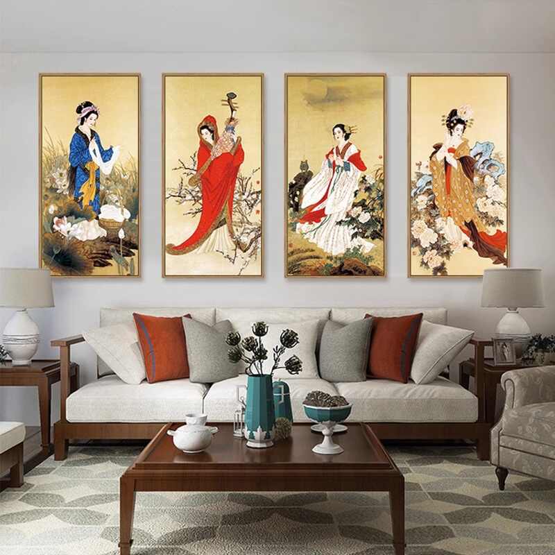 レトロな中国の応接間の装飾画古画山水画人物画壁画四大美女画4枚Q