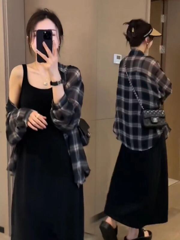 Plaid Shirt Summer New Style Plaid Slim Fit Slimming Base Layer Elegant Petite Long Skirt Suspender Dress Set