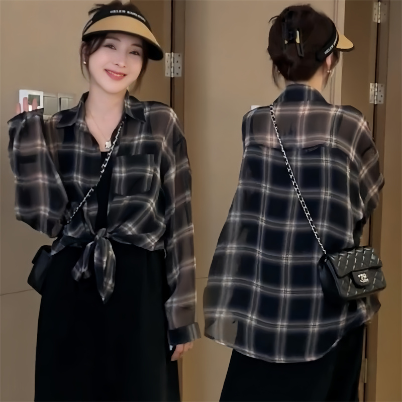 Hong Kong Style Plaid Sun-Protective Thin Shirt + Black Knitted Drape Dress 2026 Summer New Set
