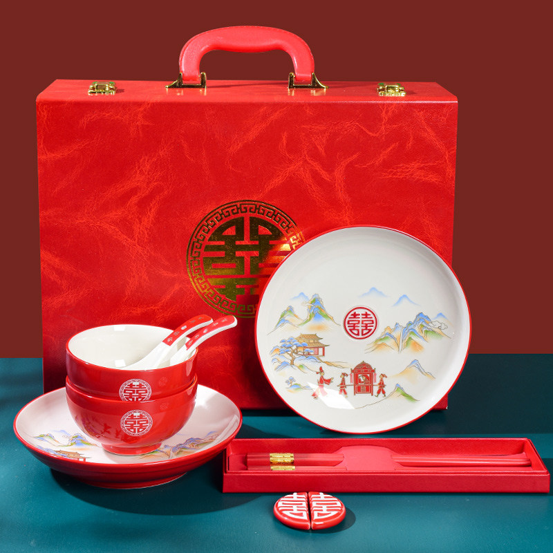 Wedding bowls and chopsticks plate set ceramic dowry wedding couple gifts for newcomers practical tableware high-end gift box ideas