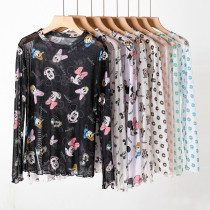 Moon ice silk mesh with top 2021 summer beauty girl thin sunscreen base shirt long sleeve elegant style T-shirt