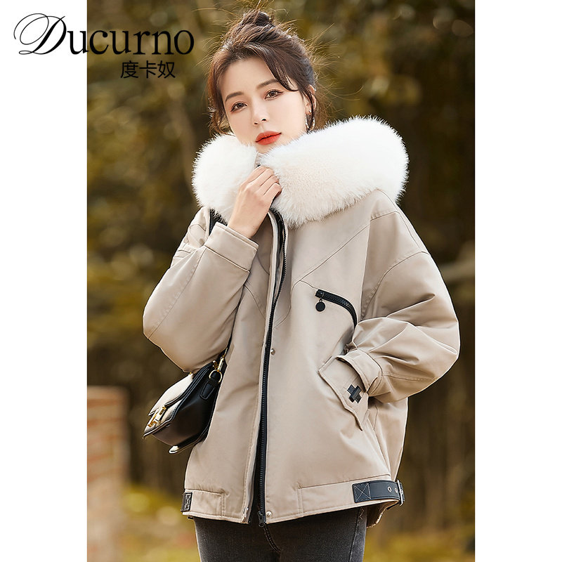 Ducurno 2021 winter new fashion loose tooling wind big fur collar all-match warm cotton coat women