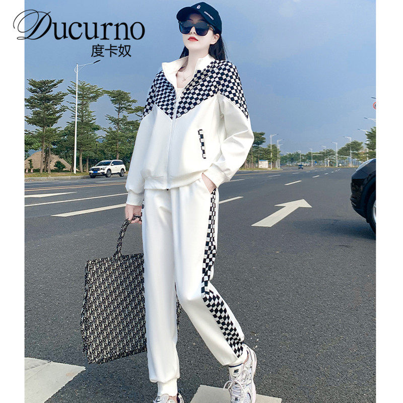 Ducurno autumn and winter new fashion casual sportswear suit age-reducing plaid loose sweater sweater two-piece set