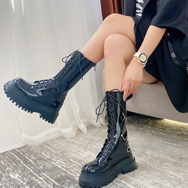 Leather mid-boots women's British style autumn 2021 new lace-up ankle boots black patent leather thick-soled Martin boots women - Taobao