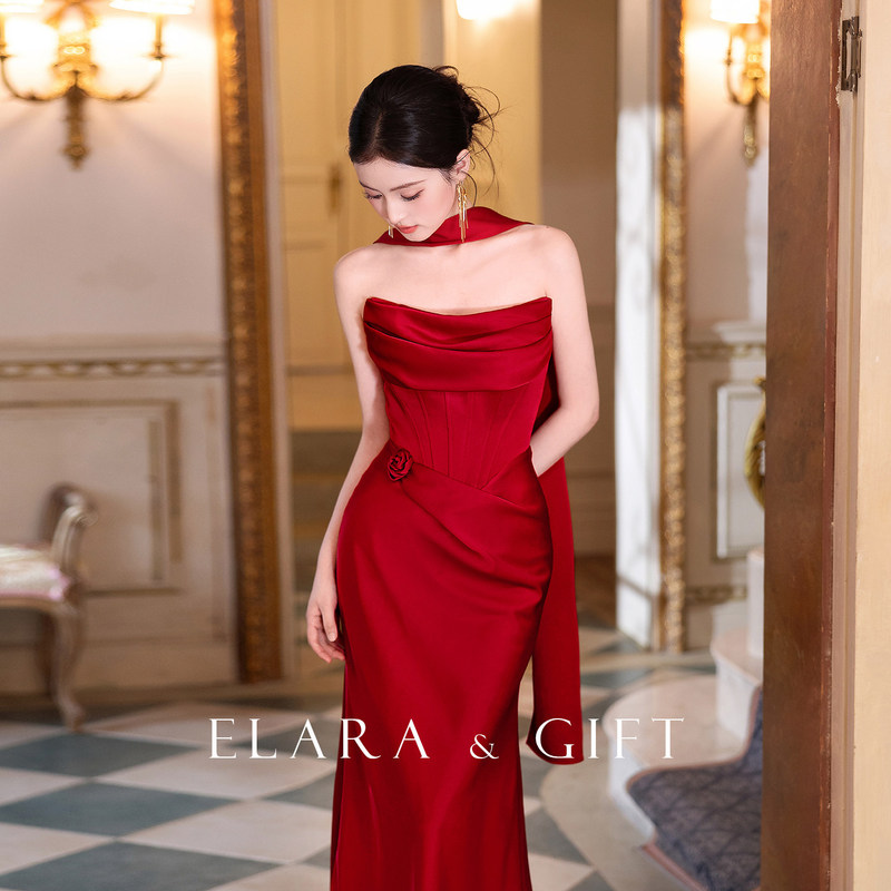 Elara Gift《Chanson》Engagement Dress, Toast Dress, Bridal Dressing Gown, French Satin Red Dress, Summer