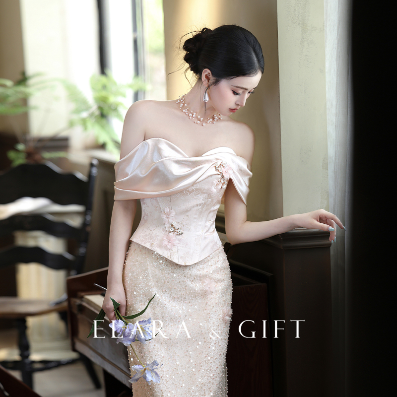 Elara Gift [Glazed Dream] Bridal French-Style Engagement Dress, Off-Shoulder Toast Dress, High-End Evening Dress, Summer