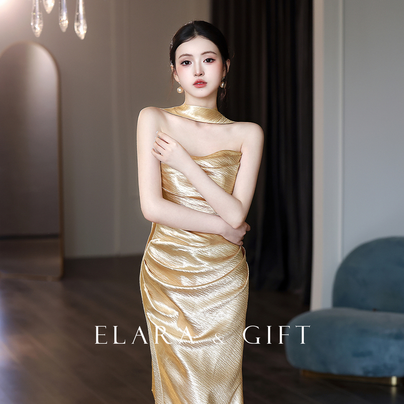 Elara Gift [Gilded] Gold Strapless Engagement Dress Light Luxury Bridal Toast Dress New French Style Dress