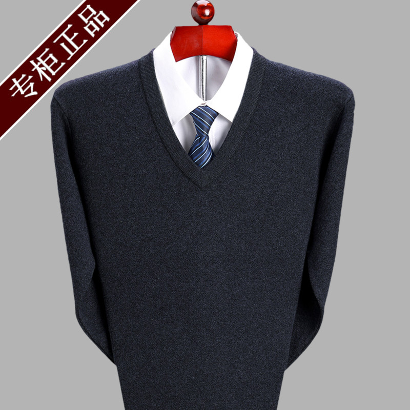 Winter cashmere nam áo len v cổ áo 100với cashmere dày cổ tim gà áo len trung niên áo len lỏng lẻo.